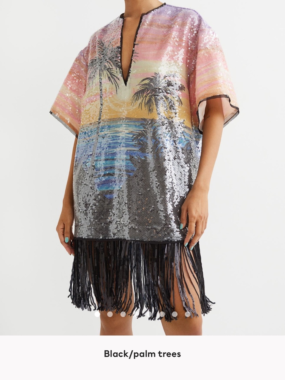 H&M Sequin Palm-Print Midi Dress in Black, Pink, Yellow, Blue